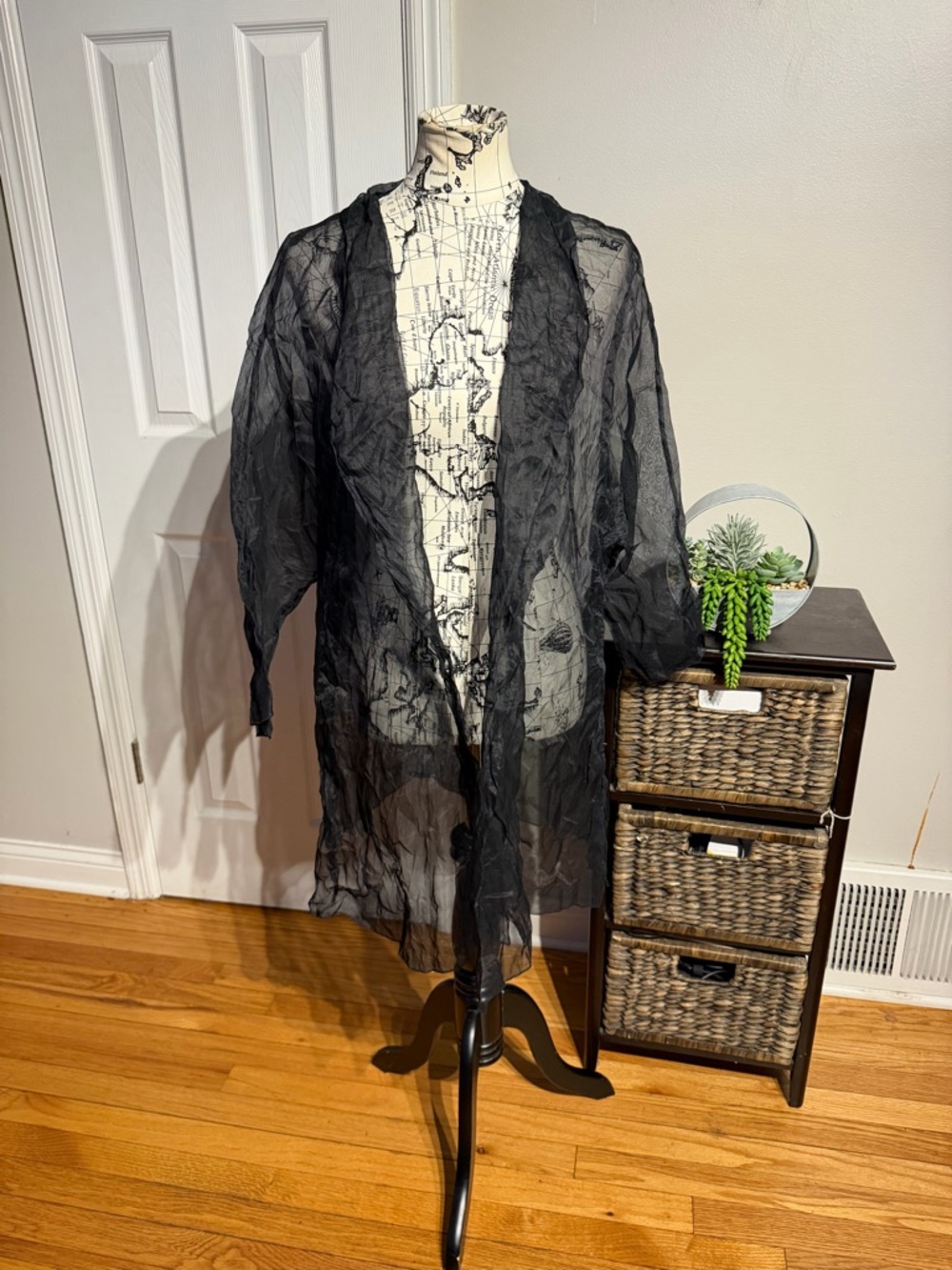 Eileen Fisher Silk Sheer Lace Kimono Robe Duster Black cardigan blouse cover 1X